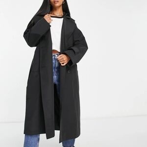 ASOS DESIGN trench coat with faux leather hood in black